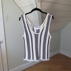 John + Jenn Knit Tank Pullover Sweater Blue and Cream Fringe Size M